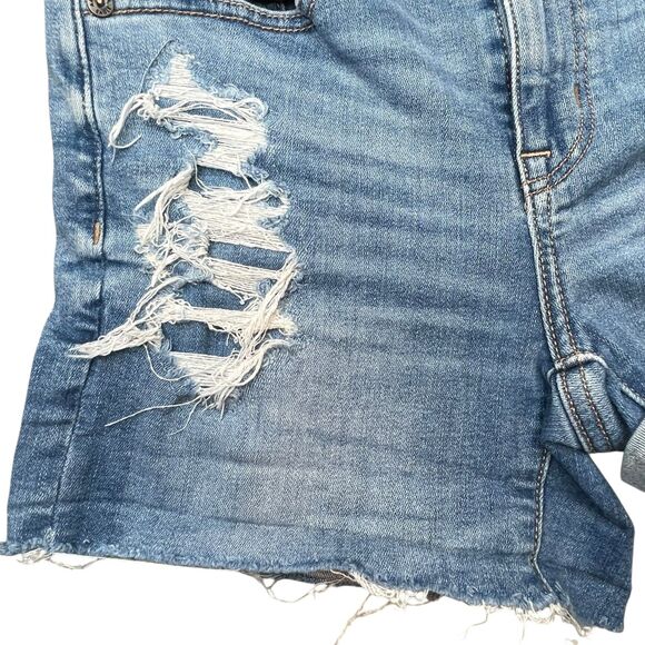 American Eagle Hi-Rise Shortie Distressed Denim Shorts Size 0 Next Level Stretch - Picture 5 of 9